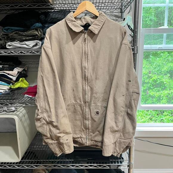 Carhartt Other - Carhartt Jacket Detroit Cropped Tan US XL Duck Canvas Thermal Zip Up Beige Work